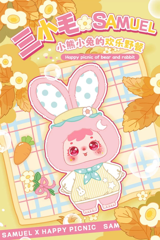 Happy picnic with three little furry bears and bunnies - main image